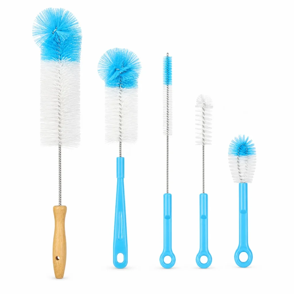 5-piece bottle cleaning brush set in blue and white